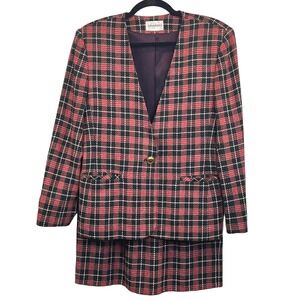 VTG Haberdashery Plaid Womens Suit Red 12P Wool Blend Academia Tartan‎ Plaid